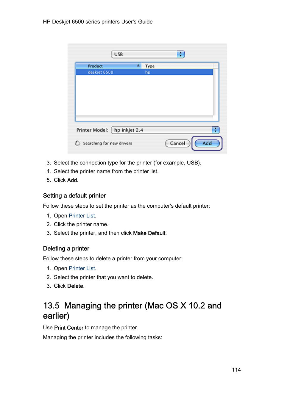 Setting a default printer, Deleting a printer, 5 managing the printer (mac os x 10.2 and earlier) | Managing the printer (mac os x 10.2 and earlier) | HP Deskjet 6540 Color Inkjet Printer User Manual | Page 114 / 184