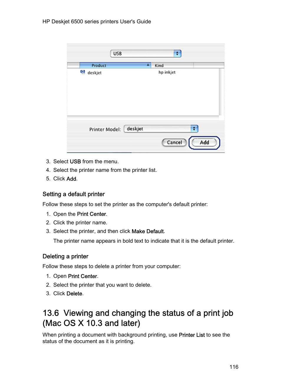 Setting a default printer, Deleting a printer | HP Deskjet 6540 Color Inkjet Printer User Manual | Page 116 / 184