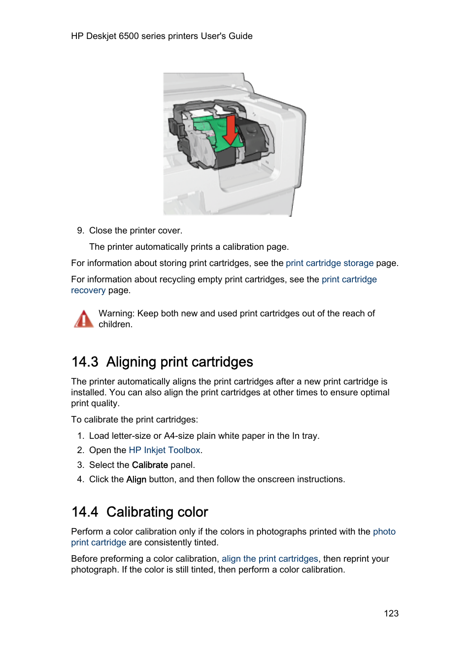 3 aligning print cartridges, 4 calibrating color | HP Deskjet 6540 Color Inkjet Printer User Manual | Page 123 / 184