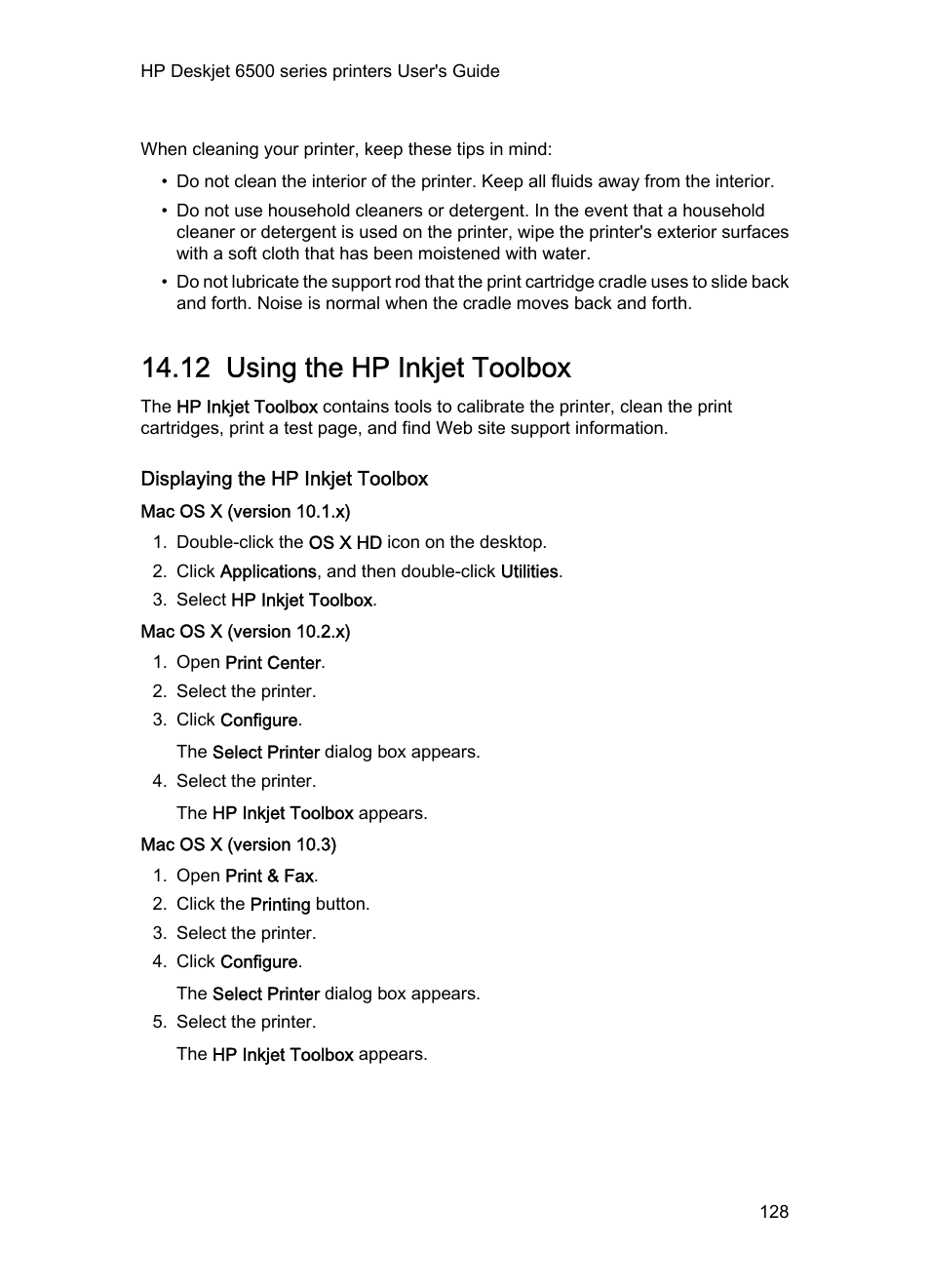 12 using the hp inkjet toolbox, Displaying the hp inkjet toolbox, Mac os x (version 10.1.x) | Mac os x (version 10.2.x), Mac os x (version 10.3), Hp inkjet toolbox, And then select the | HP Deskjet 6540 Color Inkjet Printer User Manual | Page 128 / 184