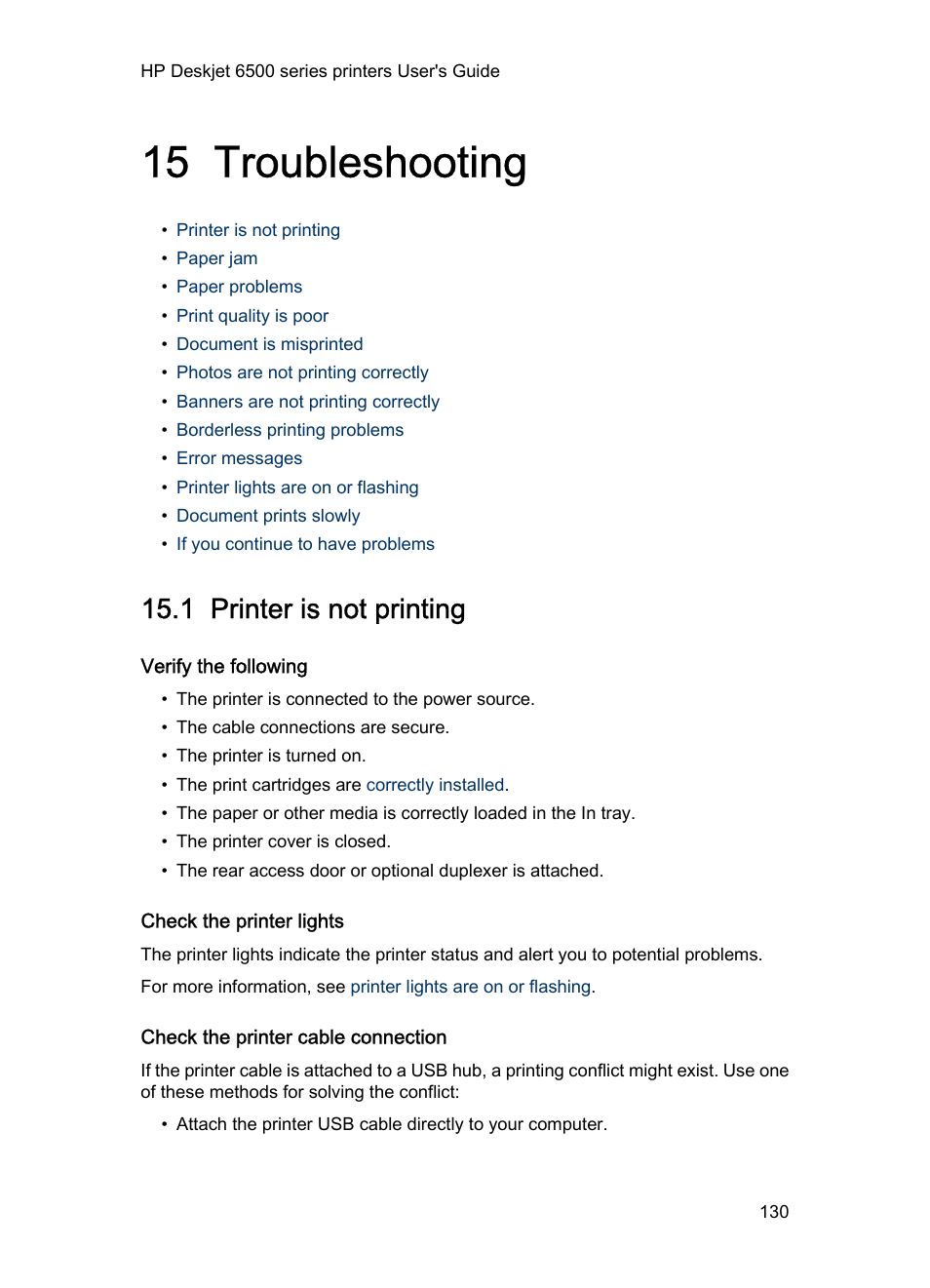 15 troubleshooting, 1 printer is not printing, Verify the following | Check the printer lights, Check the printer cable connection, Troubleshooting | HP Deskjet 6540 Color Inkjet Printer User Manual | Page 130 / 184
