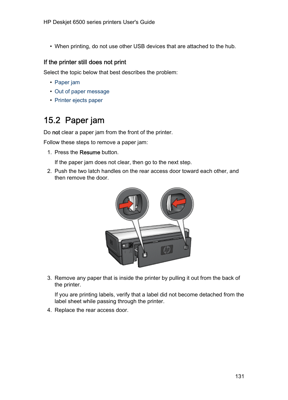 If the printer still does not print, 2 paper jam, Paper jam | HP Deskjet 6540 Color Inkjet Printer User Manual | Page 131 / 184