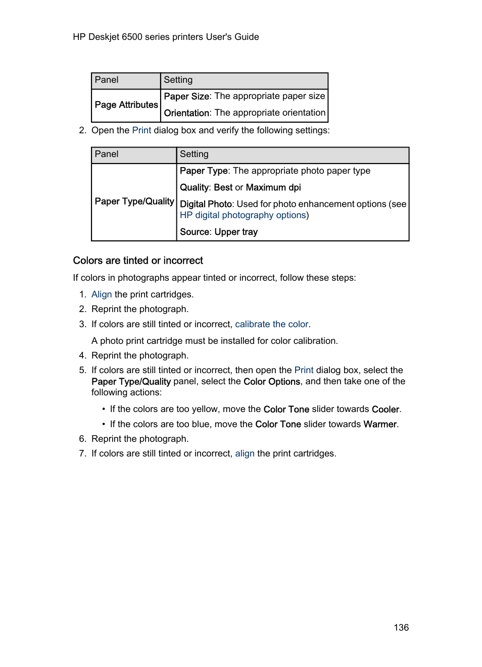 Colors are tinted or incorrect | HP Deskjet 6540 Color Inkjet Printer User Manual | Page 136 / 184