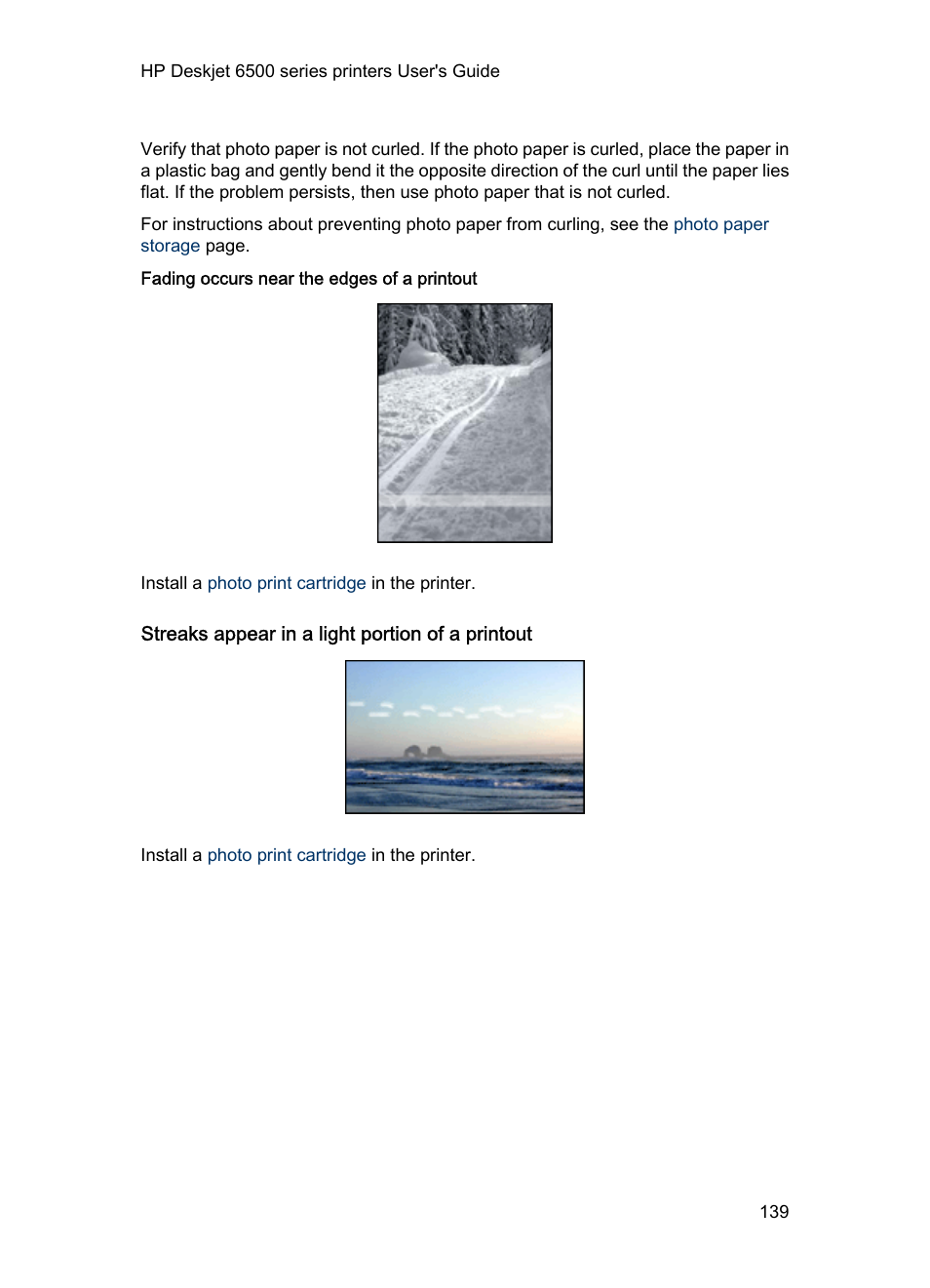 Fading occurs near the edges of a printout, Streaks appear in a light portion of a printout | HP Deskjet 6540 Color Inkjet Printer User Manual | Page 139 / 184