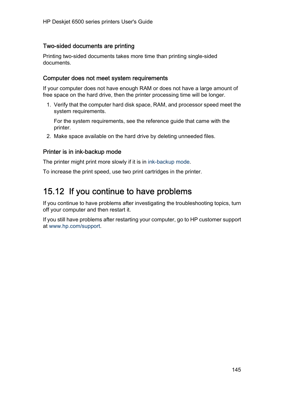 Two-sided documents are printing, Computer does not meet system requirements, Printer is in ink-backup mode | 12 if you continue to have problems, If you continue to have problems | HP Deskjet 6540 Color Inkjet Printer User Manual | Page 145 / 184