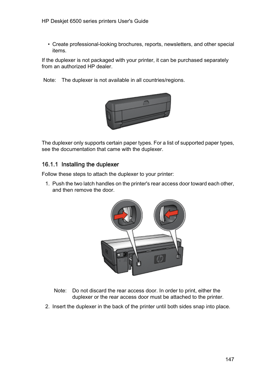 1 installing the duplexer | HP Deskjet 6540 Color Inkjet Printer User Manual | Page 147 / 184