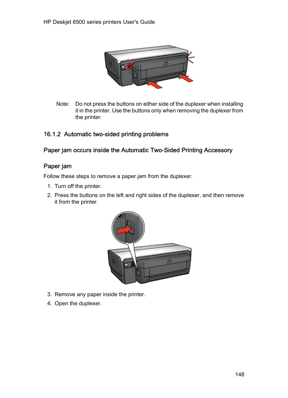 2 automatic two-sided printing problems, Paper jam, Steps to clear a paper jam from the two-sided | Printing accessory | HP Deskjet 6540 Color Inkjet Printer User Manual | Page 148 / 184