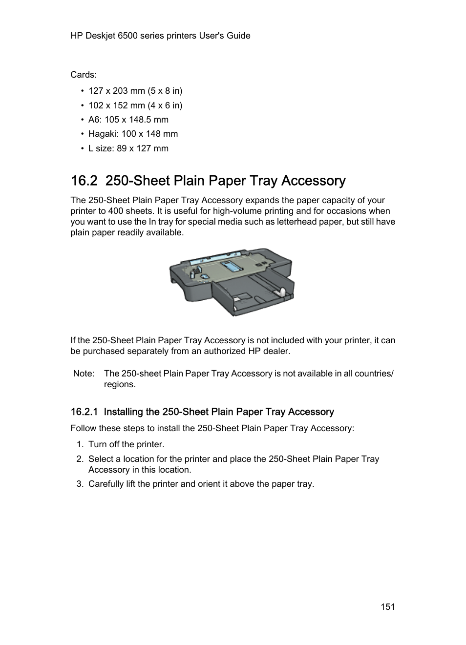 2 250-sheet plain paper tray accessory, Sheet plain paper tray accessory, And expand the printer's paper-handling | Sheet plain paper tray, Accessory, Optional), Or the, Installation steps, Sheet plain paper, Tray accessory | HP Deskjet 6540 Color Inkjet Printer User Manual | Page 151 / 184