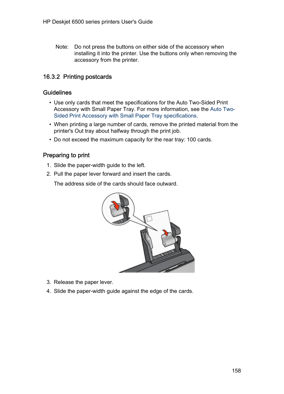 2 printing postcards, Guidelines, Preparing to print | Tray is attached to the printer, follow the, Steps for printing, Paper tray | HP Deskjet 6540 Color Inkjet Printer User Manual | Page 158 / 184