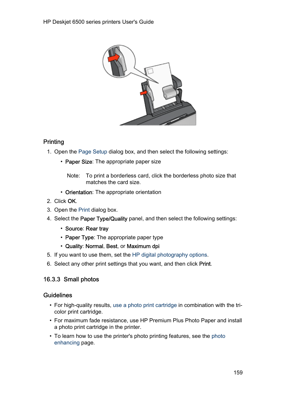 Printing, 3 small photos, Guidelines | Photo paper | HP Deskjet 6540 Color Inkjet Printer User Manual | Page 159 / 184