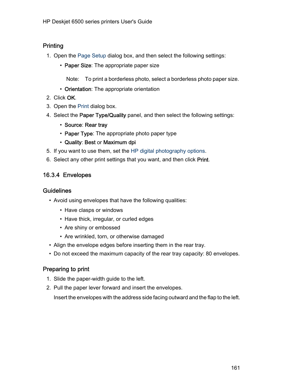 Printing, 4 envelopes, Guidelines | Preparing to print, Envelopes | HP Deskjet 6540 Color Inkjet Printer User Manual | Page 161 / 184