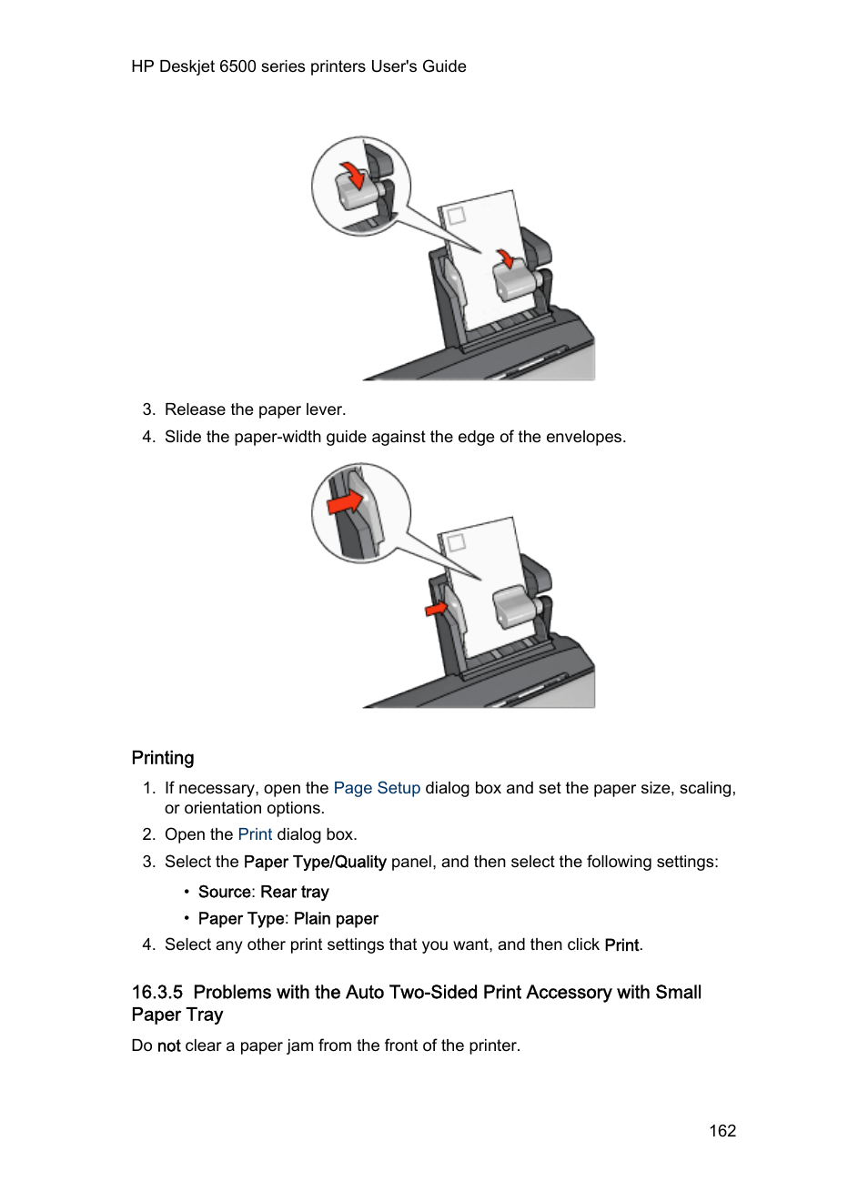 Printing, Steps to clear a paper jam | HP Deskjet 6540 Color Inkjet Printer User Manual | Page 162 / 184