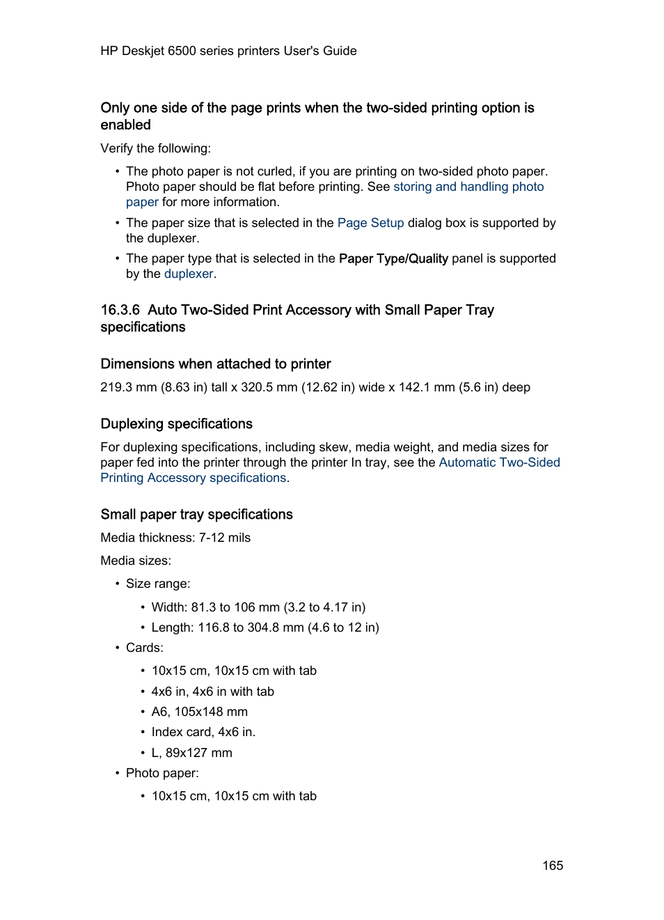 Dimensions when attached to printer, Duplexing specifications, Small paper tray specifications | HP Deskjet 6540 Color Inkjet Printer User Manual | Page 165 / 184