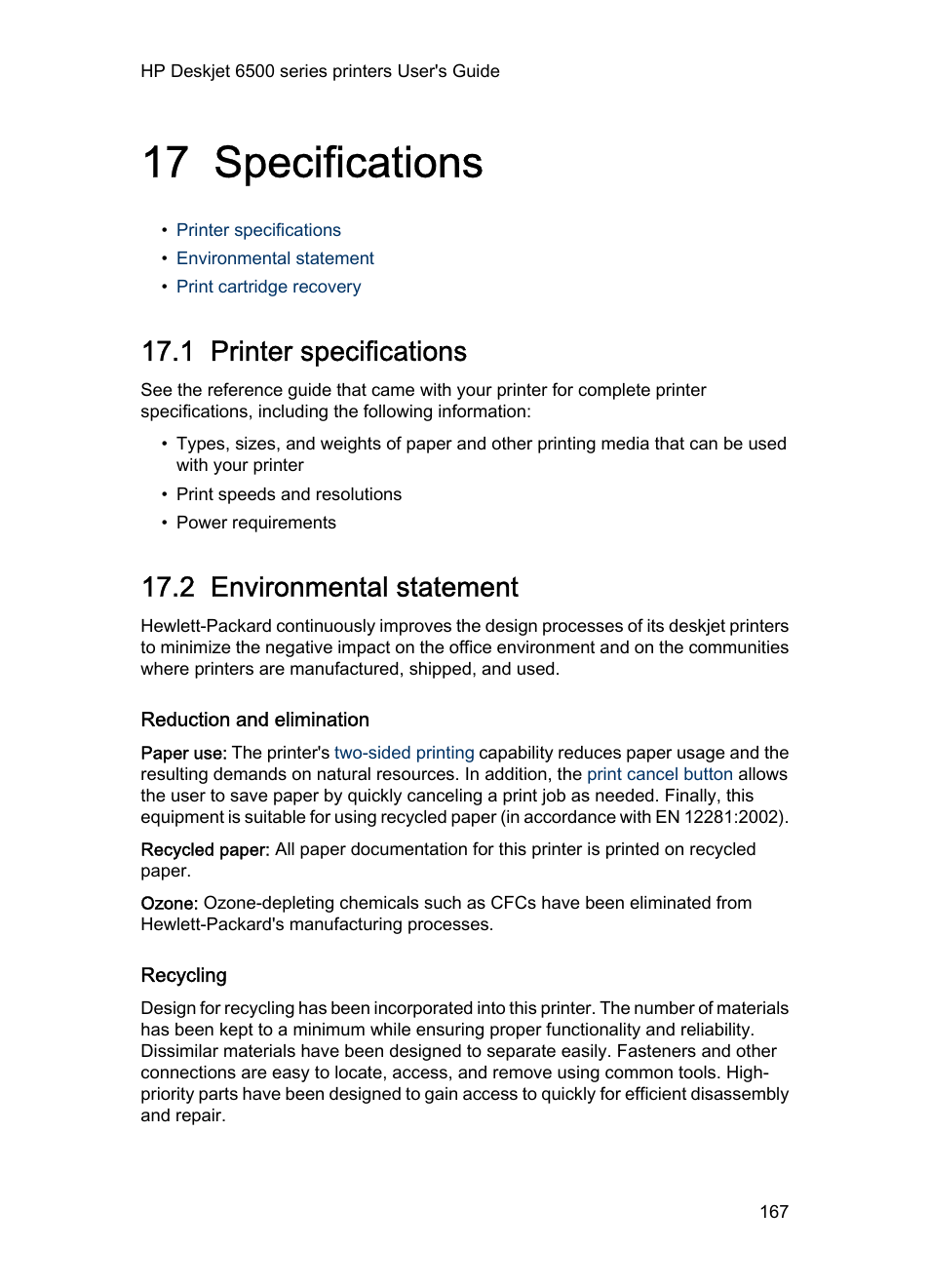 17 specifications, 1 printer specifications, 2 environmental statement | Reduction and elimination, Recycling, Specifications | HP Deskjet 6540 Color Inkjet Printer User Manual | Page 167 / 184