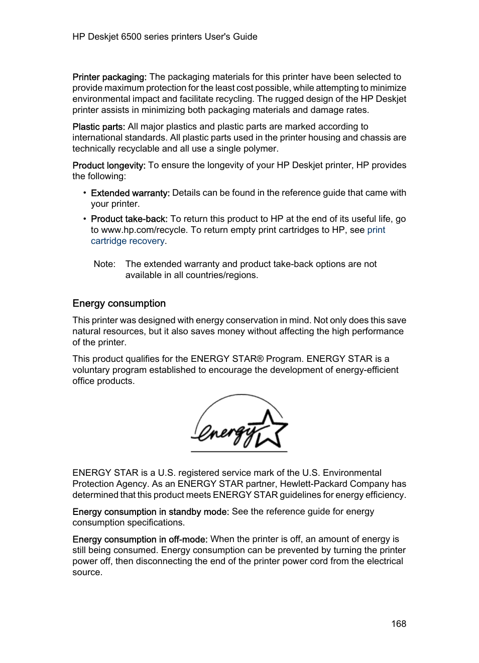 Energy consumption | HP Deskjet 6540 Color Inkjet Printer User Manual | Page 168 / 184