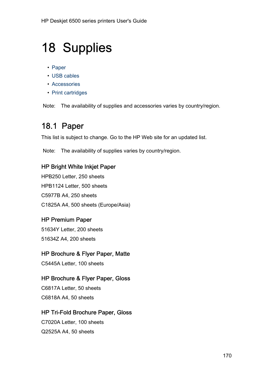 18 supplies, 1 paper, Hp bright white inkjet paper | Hp premium paper, Hp brochure & flyer paper, matte, Hp brochure & flyer paper, gloss, Hp tri-fold brochure paper, gloss, Supplies | HP Deskjet 6540 Color Inkjet Printer User Manual | Page 170 / 184