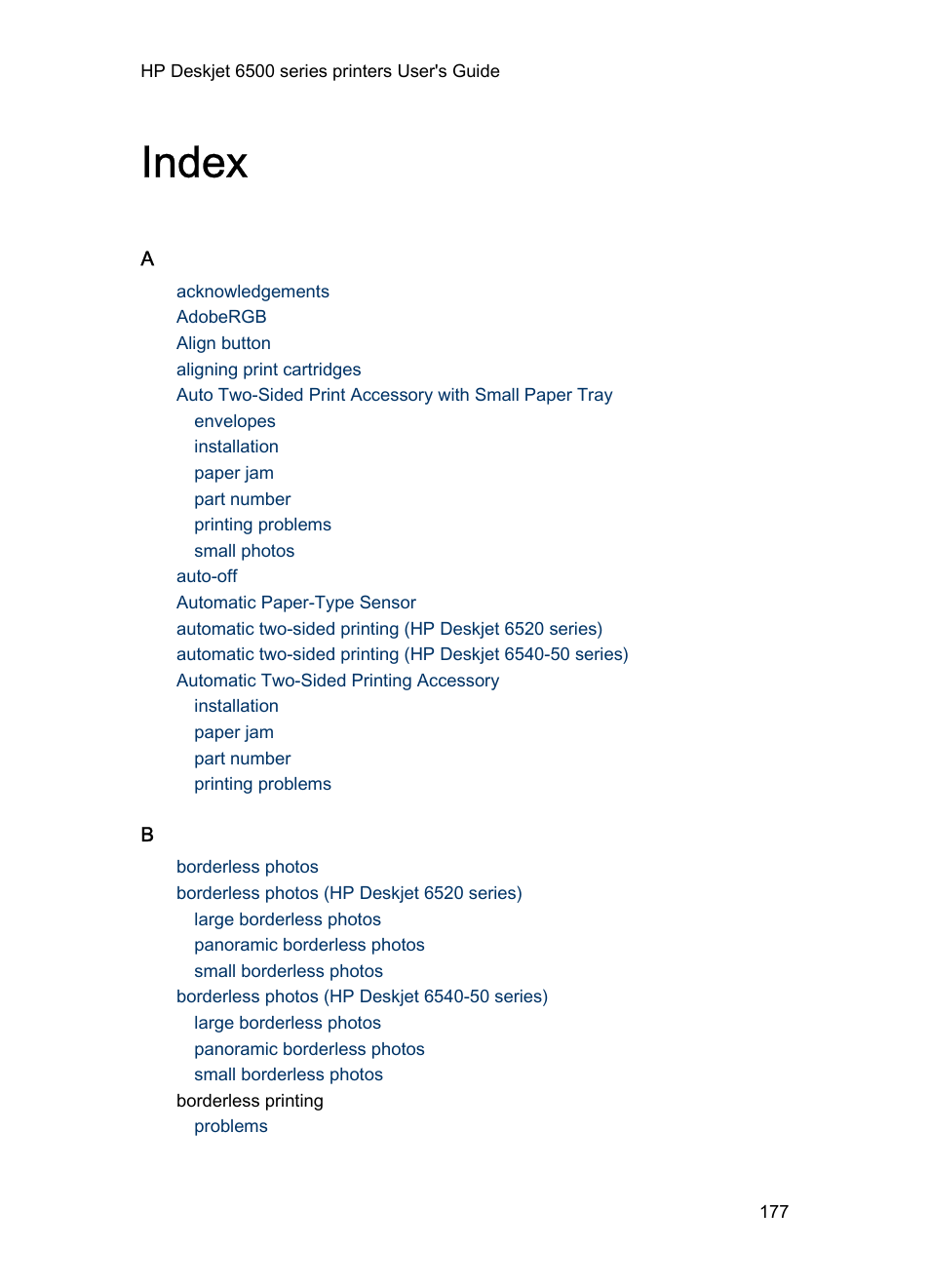 Index | HP Deskjet 6540 Color Inkjet Printer User Manual | Page 177 / 184