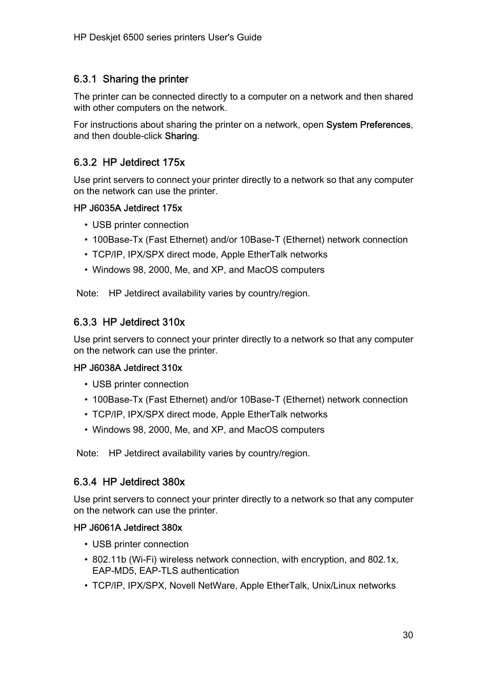 1 sharing the printer, 2 hp jetdirect 175x, 3 hp jetdirect 310x | 4 hp jetdirect 380x, Sharing the, Printer, Hp jetdirect 175x, Hp jetdirect 310x, Hp jetdirect 380x | HP Deskjet 6540 Color Inkjet Printer User Manual | Page 30 / 184