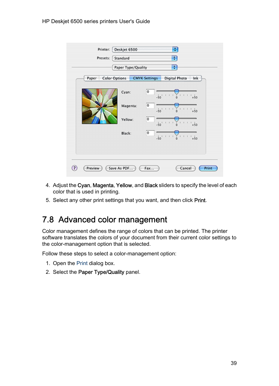 8 advanced color management, Advanced color management | HP Deskjet 6540 Color Inkjet Printer User Manual | Page 39 / 184