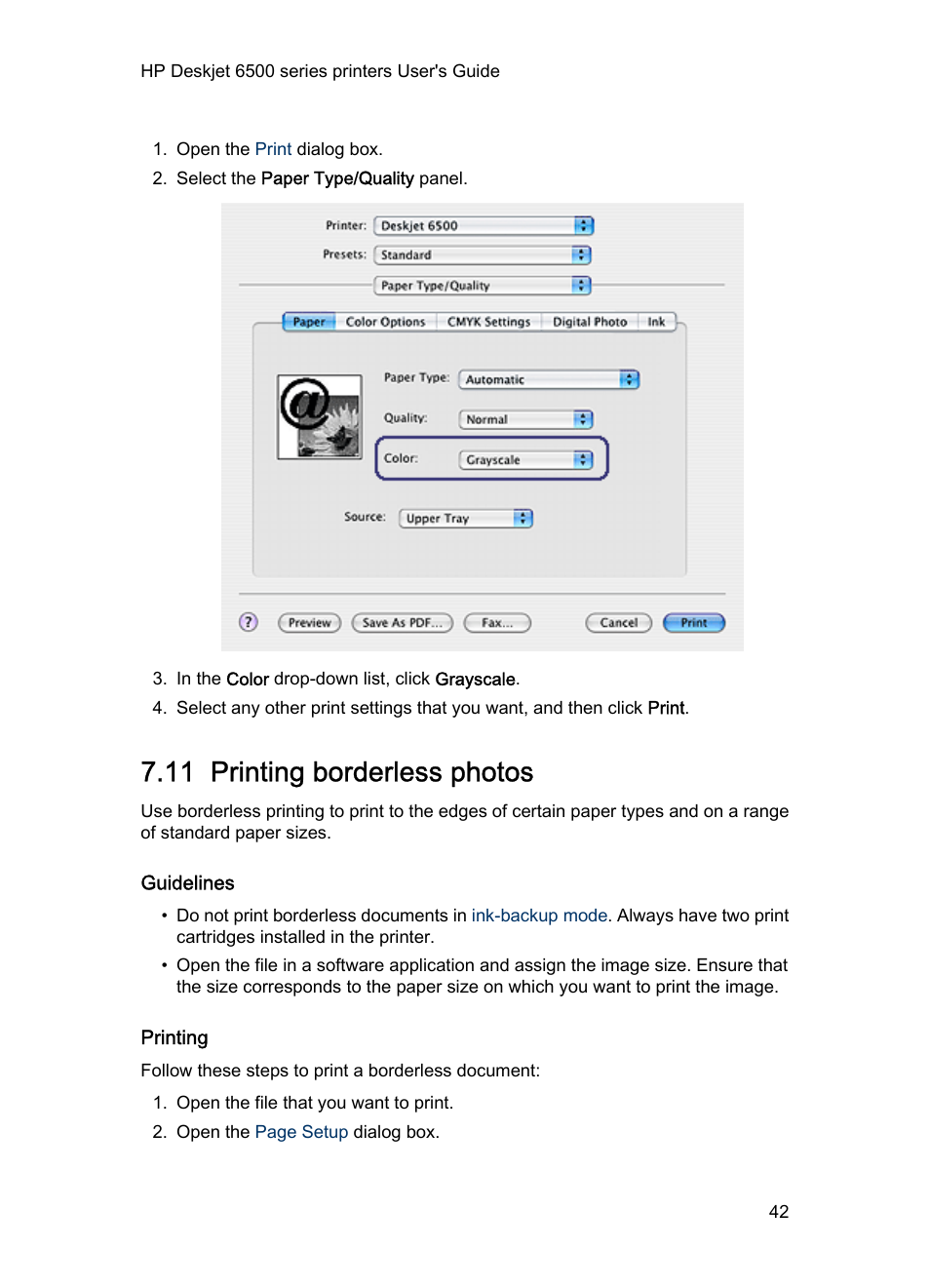 11 printing borderless photos, Guidelines, Printing | Cards by using the, Borderless printing, Feature | HP Deskjet 6540 Color Inkjet Printer User Manual | Page 42 / 184