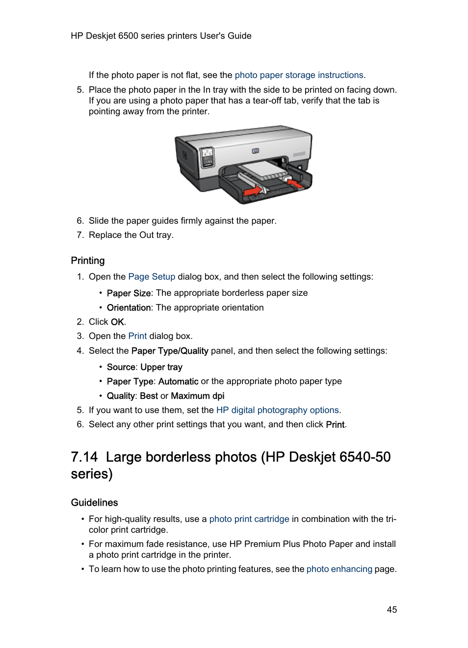 Printing, Guidelines, Large borderless photo | HP Deskjet 6540 Color Inkjet Printer User Manual | Page 45 / 184