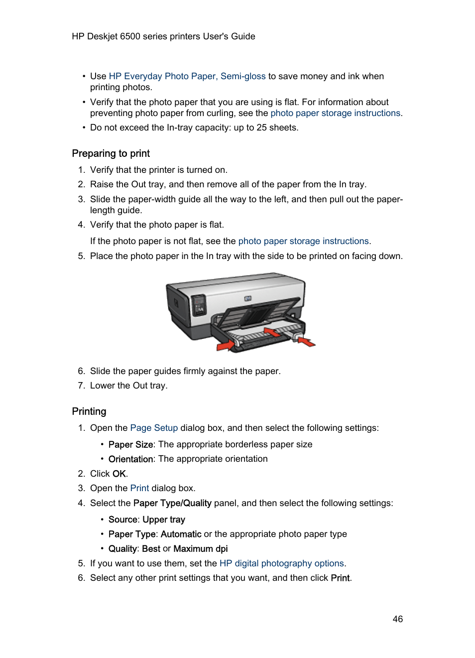 Preparing to print, Printing | HP Deskjet 6540 Color Inkjet Printer User Manual | Page 46 / 184