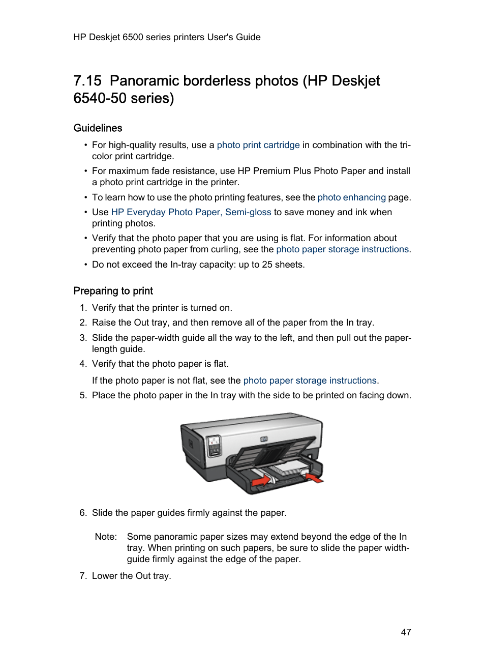 Guidelines, Preparing to print, Panoramic borderless photo | HP Deskjet 6540 Color Inkjet Printer User Manual | Page 47 / 184