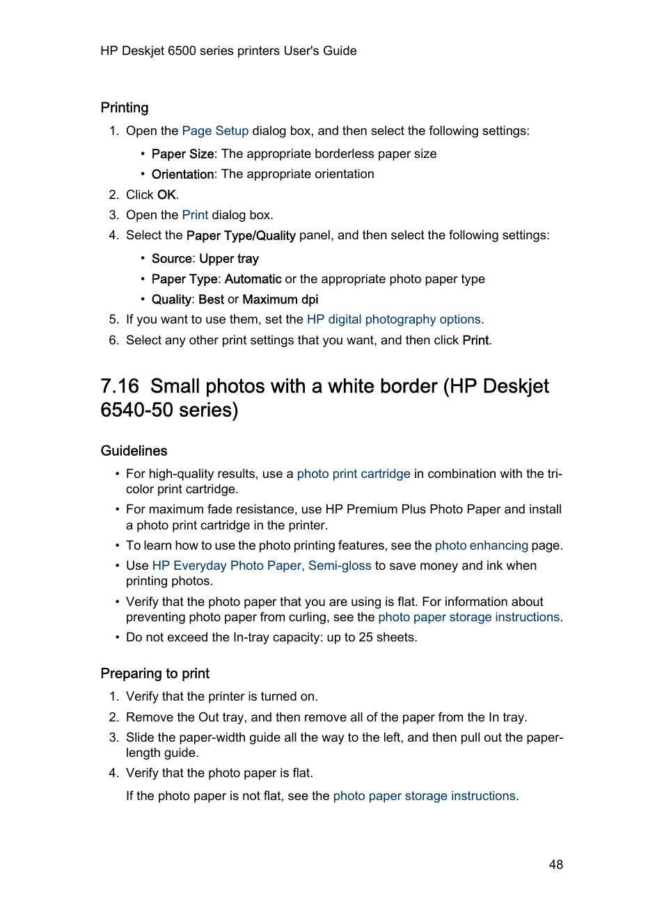 Printing, Guidelines, Preparing to print | Small photo, With a white border | HP Deskjet 6540 Color Inkjet Printer User Manual | Page 48 / 184