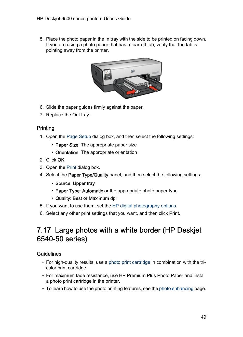 Printing, Guidelines, Large photo | With a white border | HP Deskjet 6540 Color Inkjet Printer User Manual | Page 49 / 184