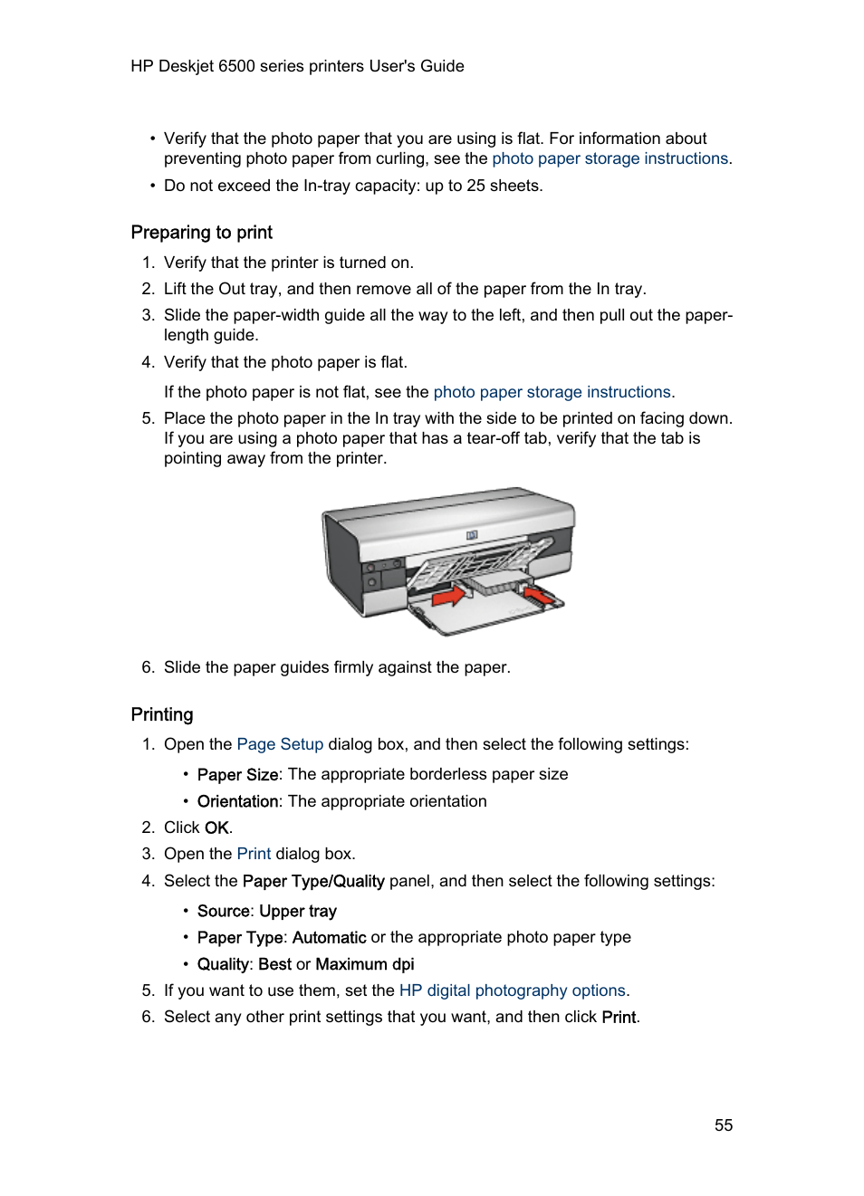 Preparing to print, Printing | HP Deskjet 6540 Color Inkjet Printer User Manual | Page 55 / 184