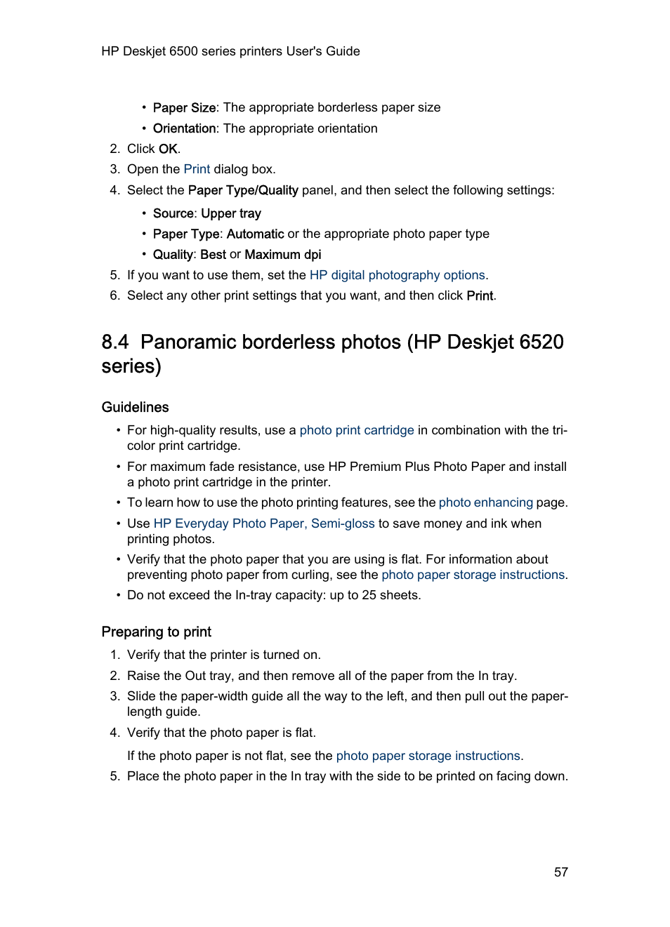 Guidelines, Preparing to print, Panoramic borderless photo | HP Deskjet 6540 Color Inkjet Printer User Manual | Page 57 / 184