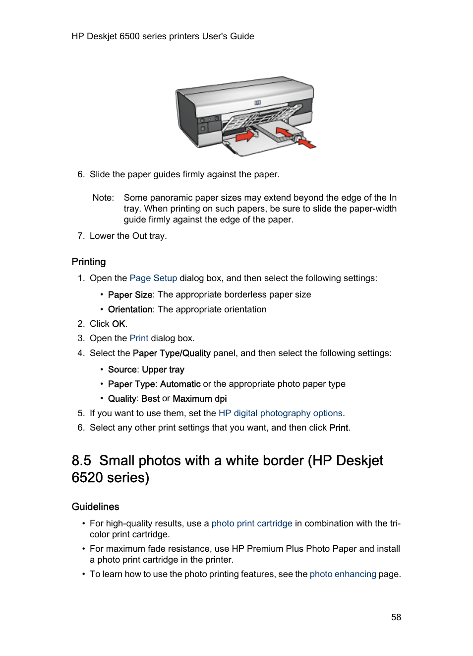 Printing, Guidelines, Small photo | With a white border | HP Deskjet 6540 Color Inkjet Printer User Manual | Page 58 / 184