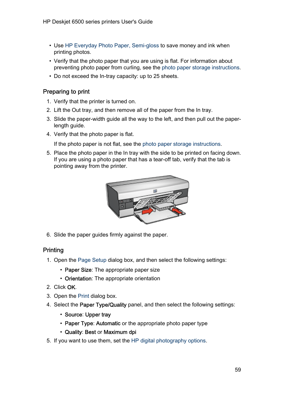 Preparing to print, Printing | HP Deskjet 6540 Color Inkjet Printer User Manual | Page 59 / 184