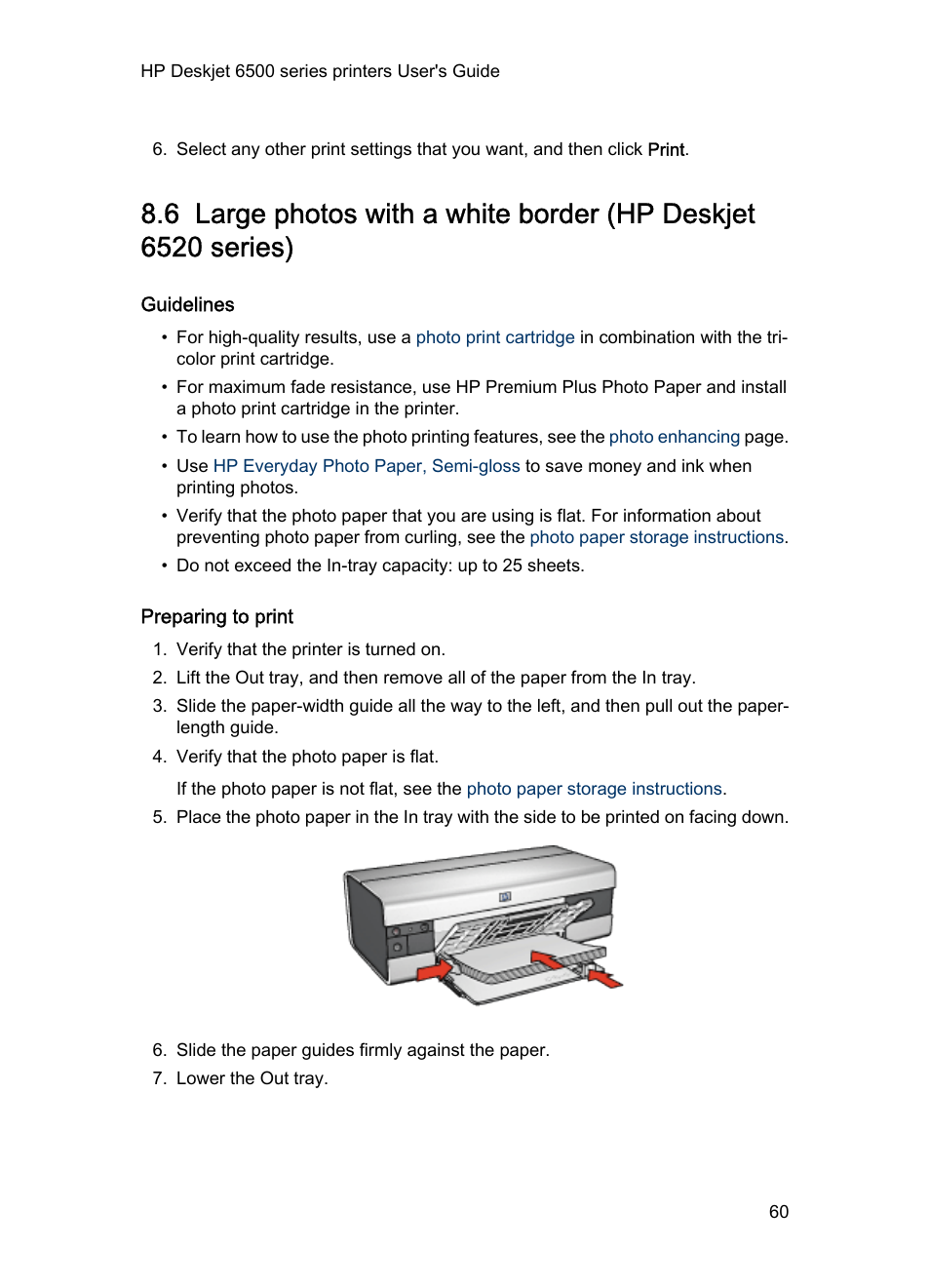 Guidelines, Preparing to print, Large photo | With a white border | HP Deskjet 6540 Color Inkjet Printer User Manual | Page 60 / 184