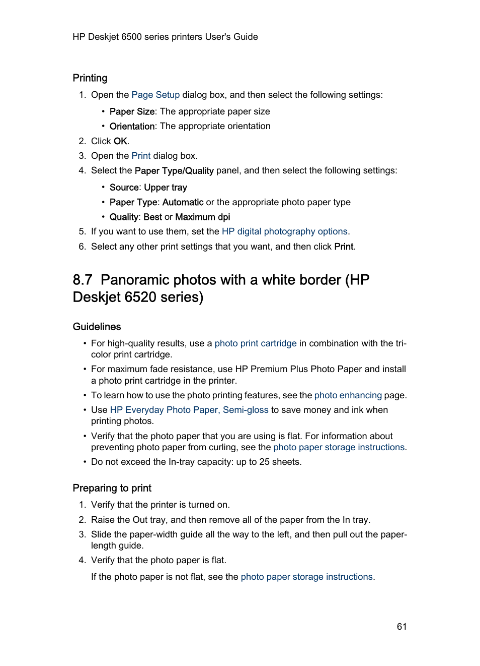 Printing, Guidelines, Preparing to print | Panoramic photo, With a white border | HP Deskjet 6540 Color Inkjet Printer User Manual | Page 61 / 184