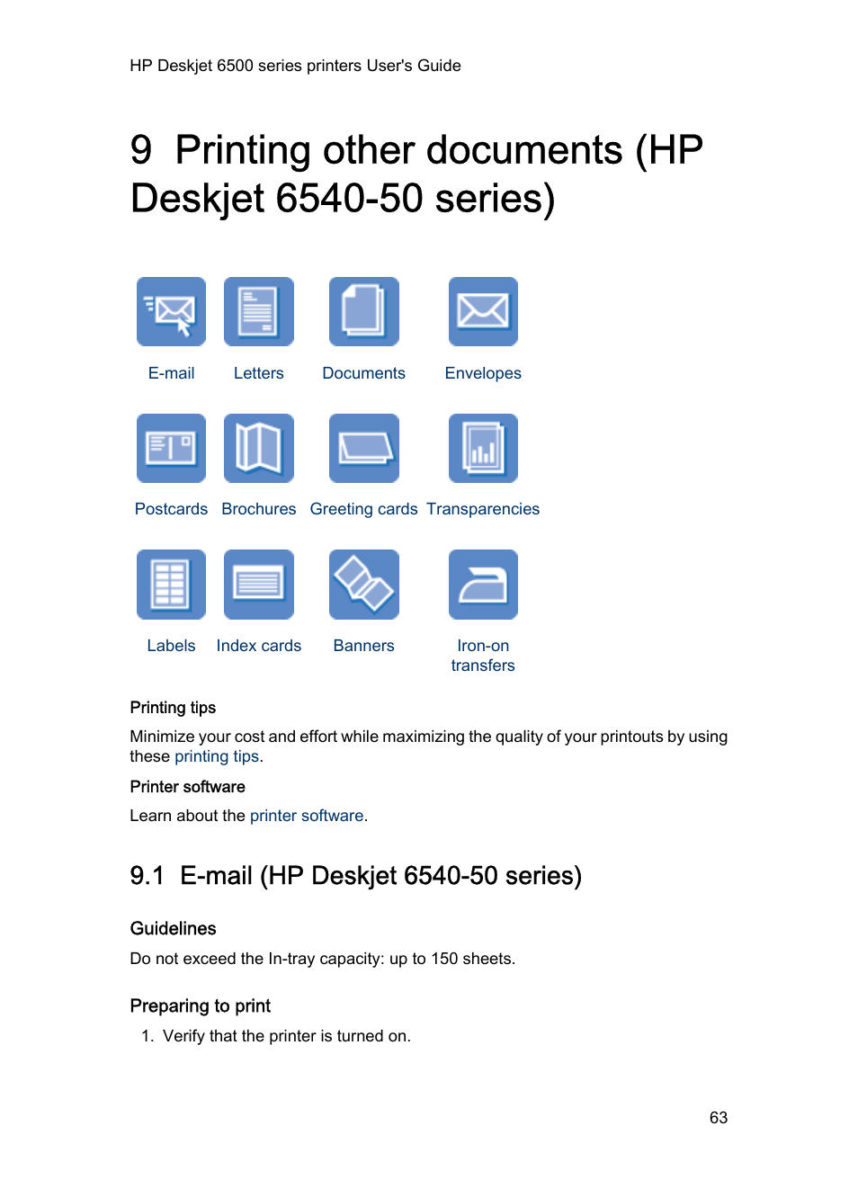 1 e-mail (hp deskjet 6540-50 series), Guidelines, Preparing to print | Printing other documents | HP Deskjet 6540 Color Inkjet Printer User Manual | Page 63 / 184