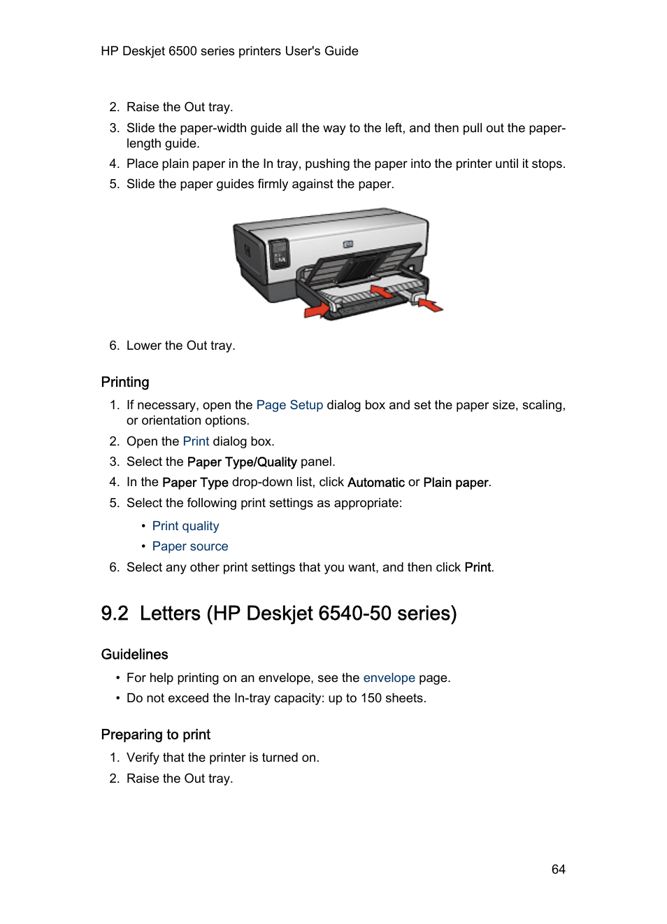 Printing, 2 letters (hp deskjet 6540-50 series), Guidelines | Preparing to print, Letters | HP Deskjet 6540 Color Inkjet Printer User Manual | Page 64 / 184