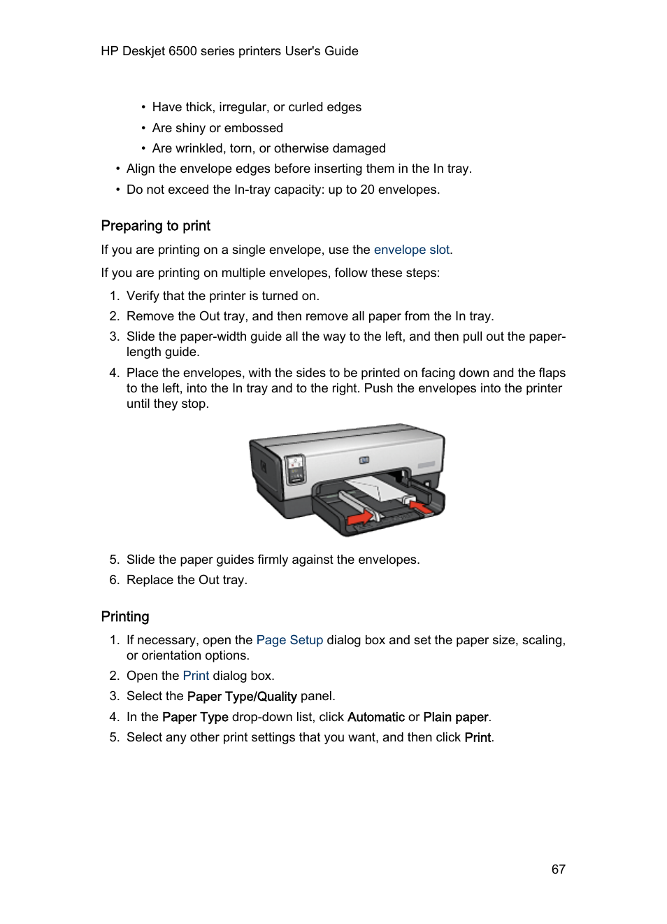 Preparing to print, Printing | HP Deskjet 6540 Color Inkjet Printer User Manual | Page 67 / 184