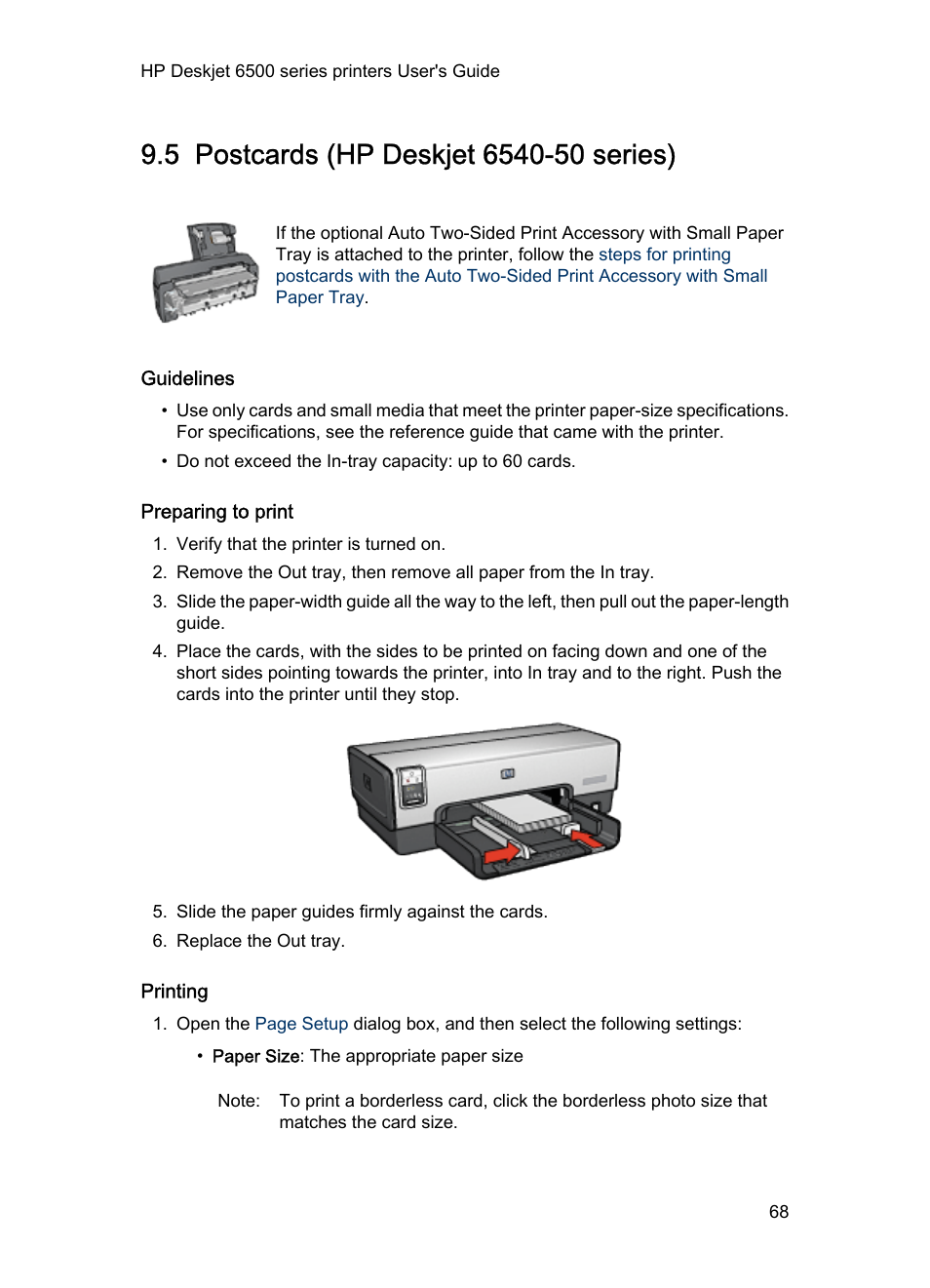 5 postcards (hp deskjet 6540-50 series), Guidelines, Preparing to print | Printing | HP Deskjet 6540 Color Inkjet Printer User Manual | Page 68 / 184