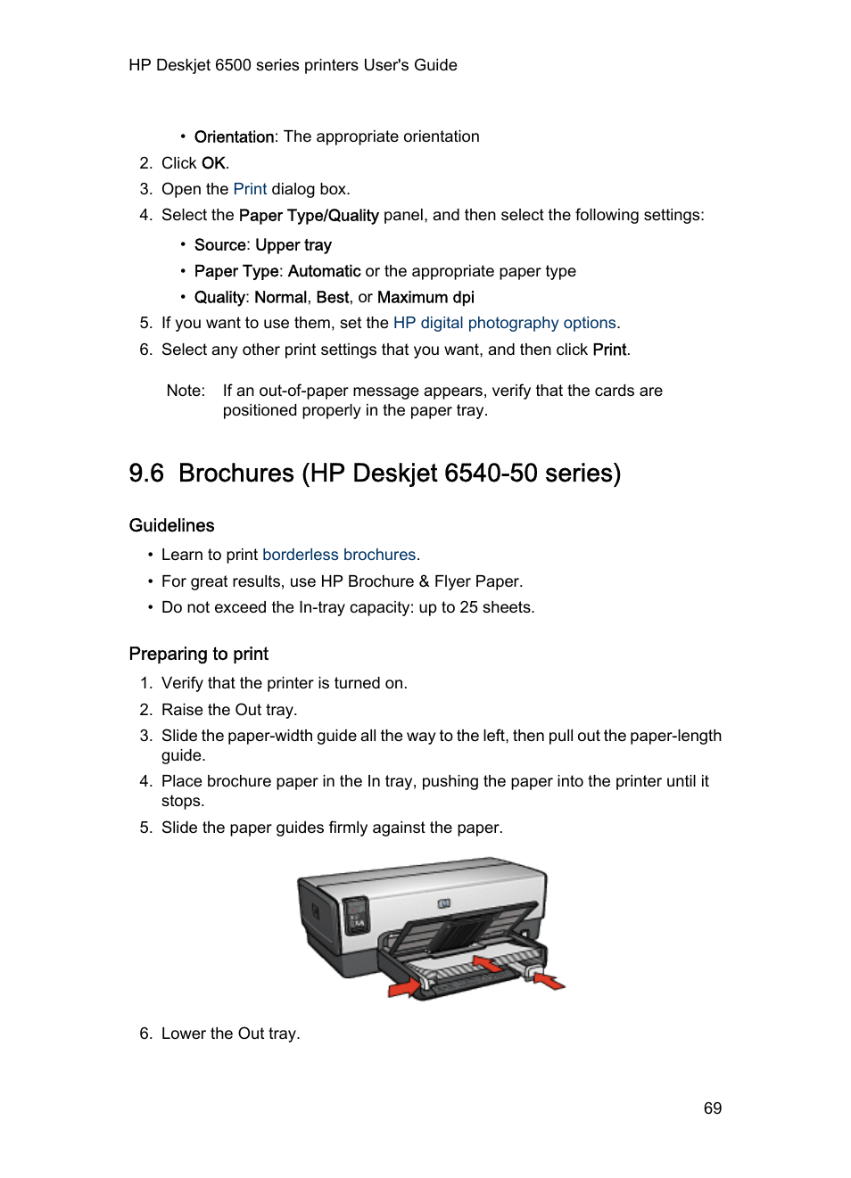 6 brochures (hp deskjet 6540-50 series), Guidelines, Preparing to print | Brochures | HP Deskjet 6540 Color Inkjet Printer User Manual | Page 69 / 184