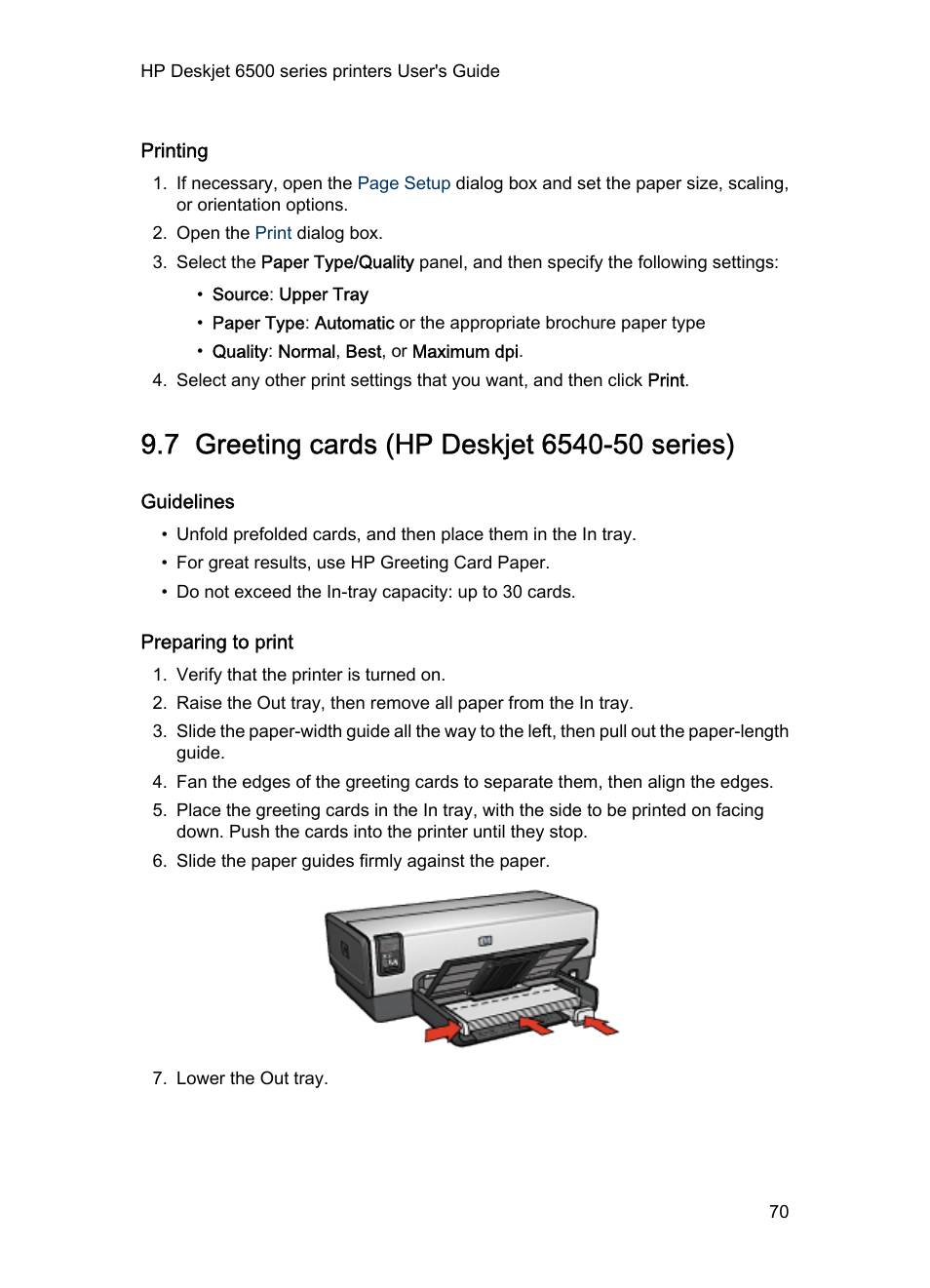 Printing, 7 greeting cards (hp deskjet 6540-50 series), Guidelines | Preparing to print, Greeting cards | HP Deskjet 6540 Color Inkjet Printer User Manual | Page 70 / 184