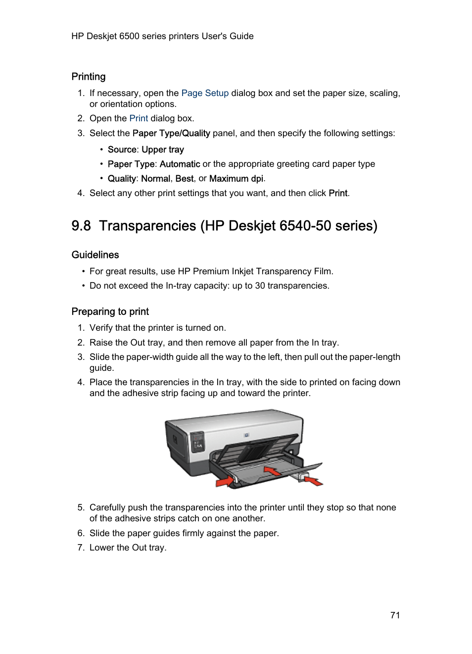 Printing, 8 transparencies (hp deskjet 6540-50 series), Guidelines | Preparing to print, Transparencies | HP Deskjet 6540 Color Inkjet Printer User Manual | Page 71 / 184