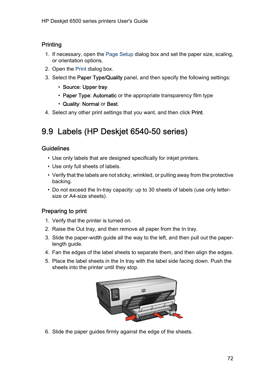 Printing, 9 labels (hp deskjet 6540-50 series), Guidelines | Preparing to print, Labels | HP Deskjet 6540 Color Inkjet Printer User Manual | Page 72 / 184