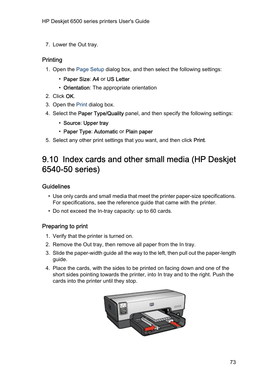 Printing, Guidelines, Preparing to print | Index cards | HP Deskjet 6540 Color Inkjet Printer User Manual | Page 73 / 184