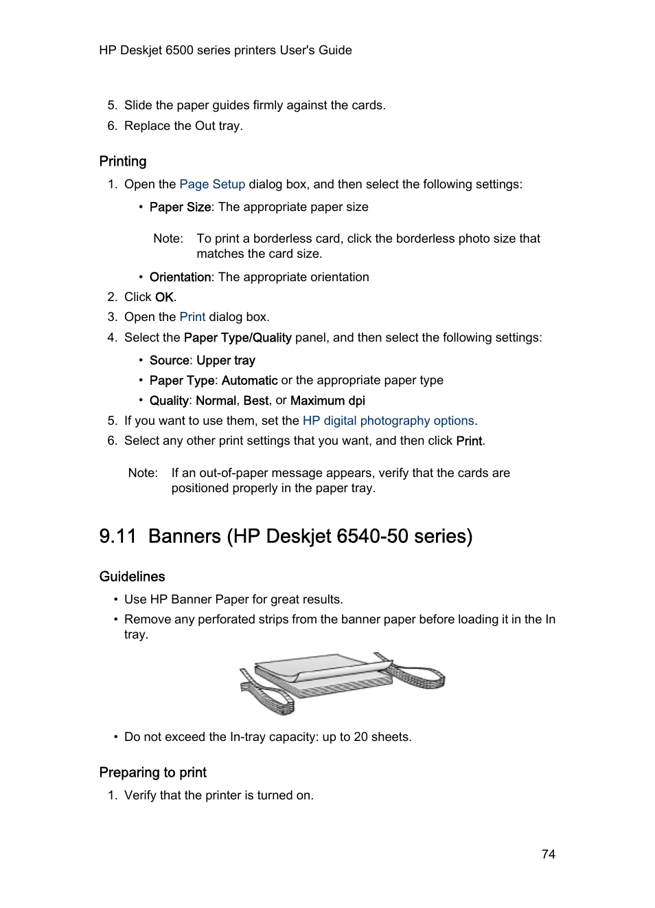 Printing, 11 banners (hp deskjet 6540-50 series), Guidelines | Preparing to print, Banners | HP Deskjet 6540 Color Inkjet Printer User Manual | Page 74 / 184