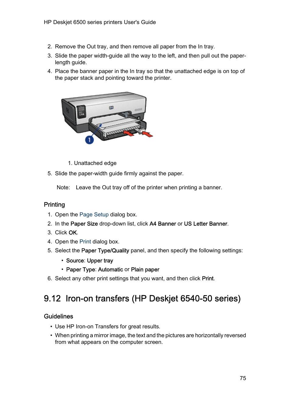 Printing, 12 iron-on transfers (hp deskjet 6540-50 series), Guidelines | Iron-on, Transfers | HP Deskjet 6540 Color Inkjet Printer User Manual | Page 75 / 184