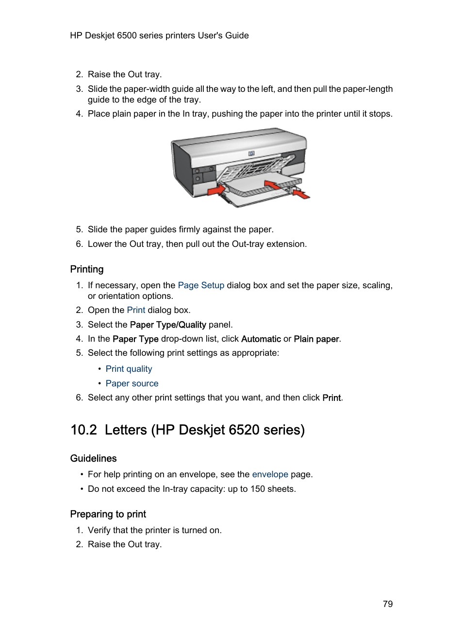 Printing, 2 letters (hp deskjet 6520 series), Guidelines | Preparing to print, Letters | HP Deskjet 6540 Color Inkjet Printer User Manual | Page 79 / 184