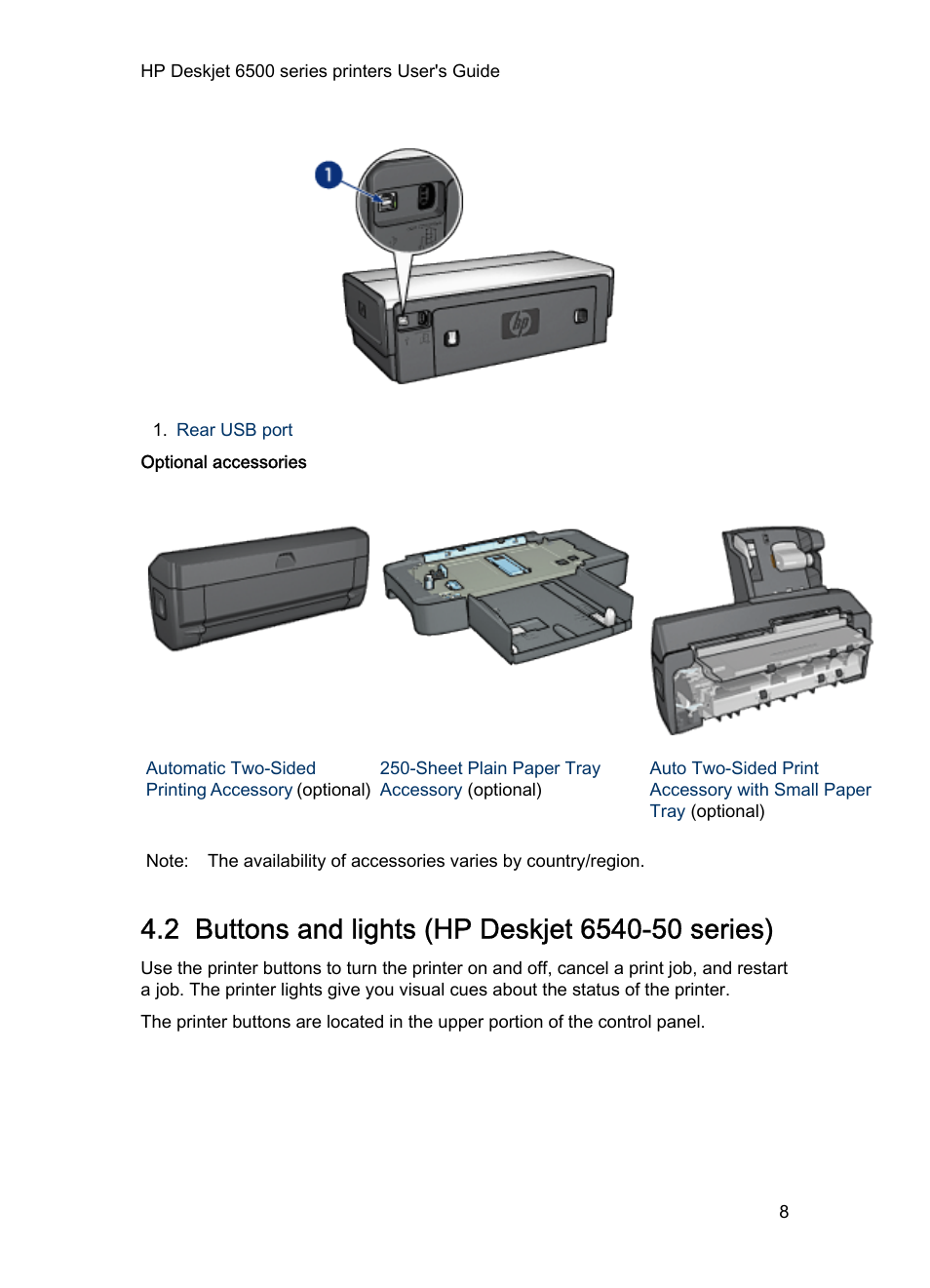 2 buttons and lights (hp deskjet 6540-50 series), Button, Buttons and lights | HP Deskjet 6540 Color Inkjet Printer User Manual | Page 8 / 184