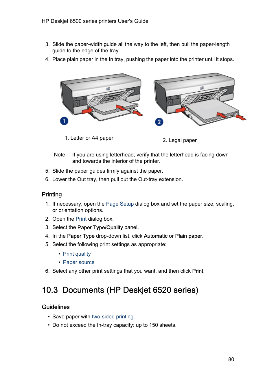 Printing, 3 documents (hp deskjet 6520 series), Guidelines | Documents | HP Deskjet 6540 Color Inkjet Printer User Manual | Page 80 / 184