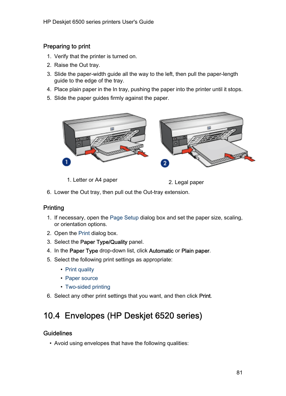 Preparing to print, Printing, 4 envelopes (hp deskjet 6520 series) | Guidelines, Envelopes, Envelope | HP Deskjet 6540 Color Inkjet Printer User Manual | Page 81 / 184